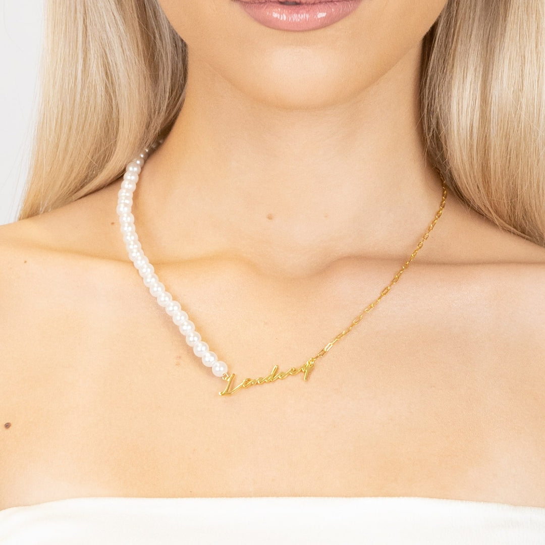 Signature Name Necklace with Pearl & Link Chain