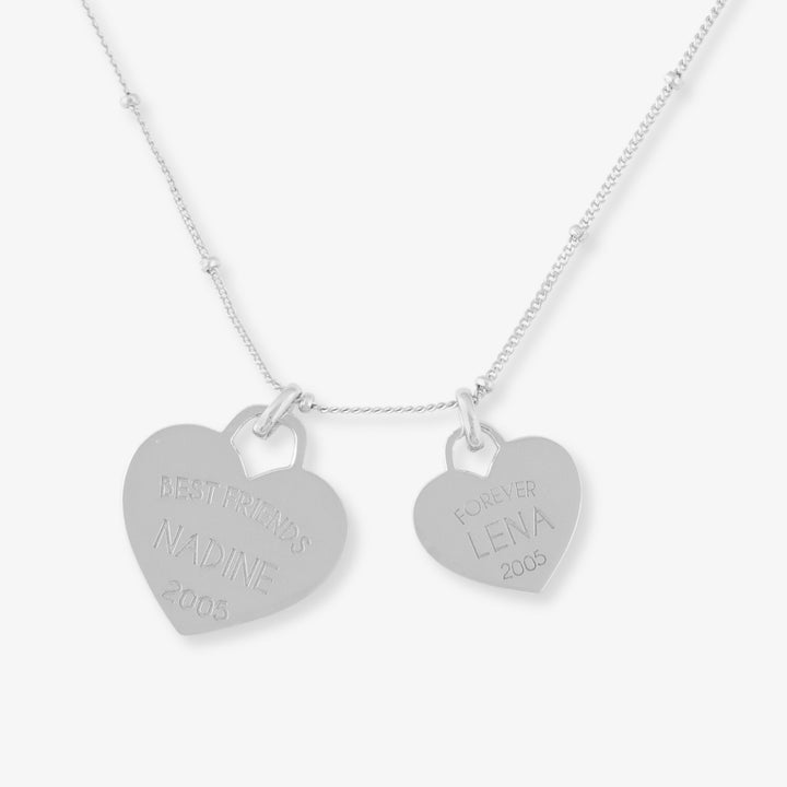 Collier Gravé Double Coeur en Argent Sterling 925