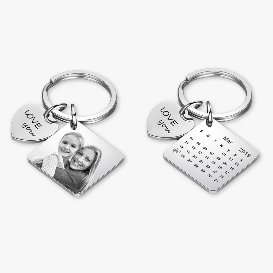 Personalized Calendar Photo Keychain with Engraved Heart - Custom Date Square Pendant Keyring - Herzschmuck