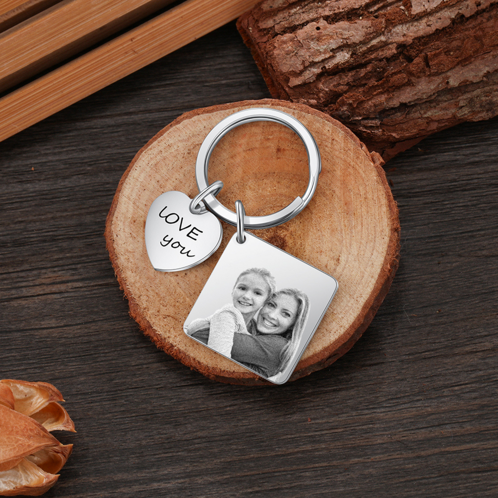 Personalized Calendar Photo Keychain with Engraved Heart - Custom Date Square Pendant Keyring - Herzschmuck