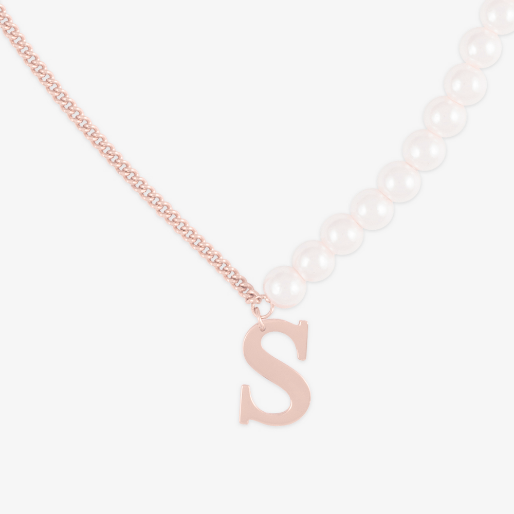 Mixed Chain Letter Necklace with Pearls and Curb Chain - Herzschmuck