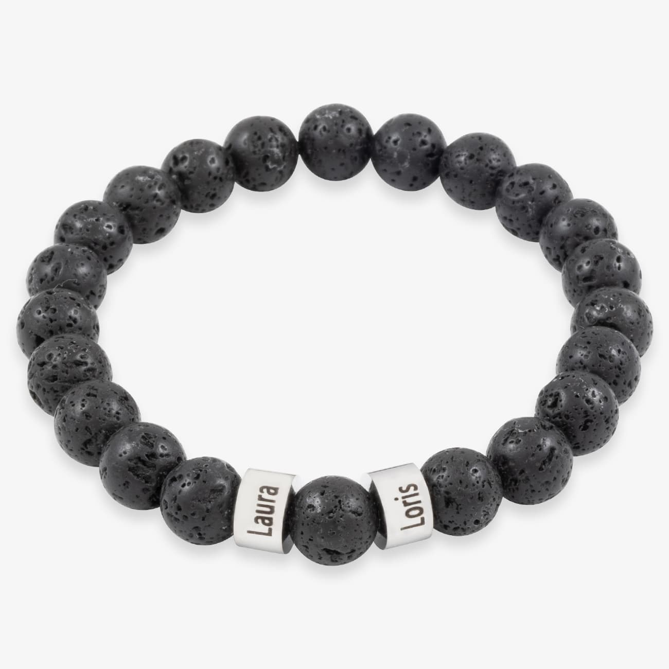 Bracelet de perles noires avec deux anneaux en acier inoxydable à graver