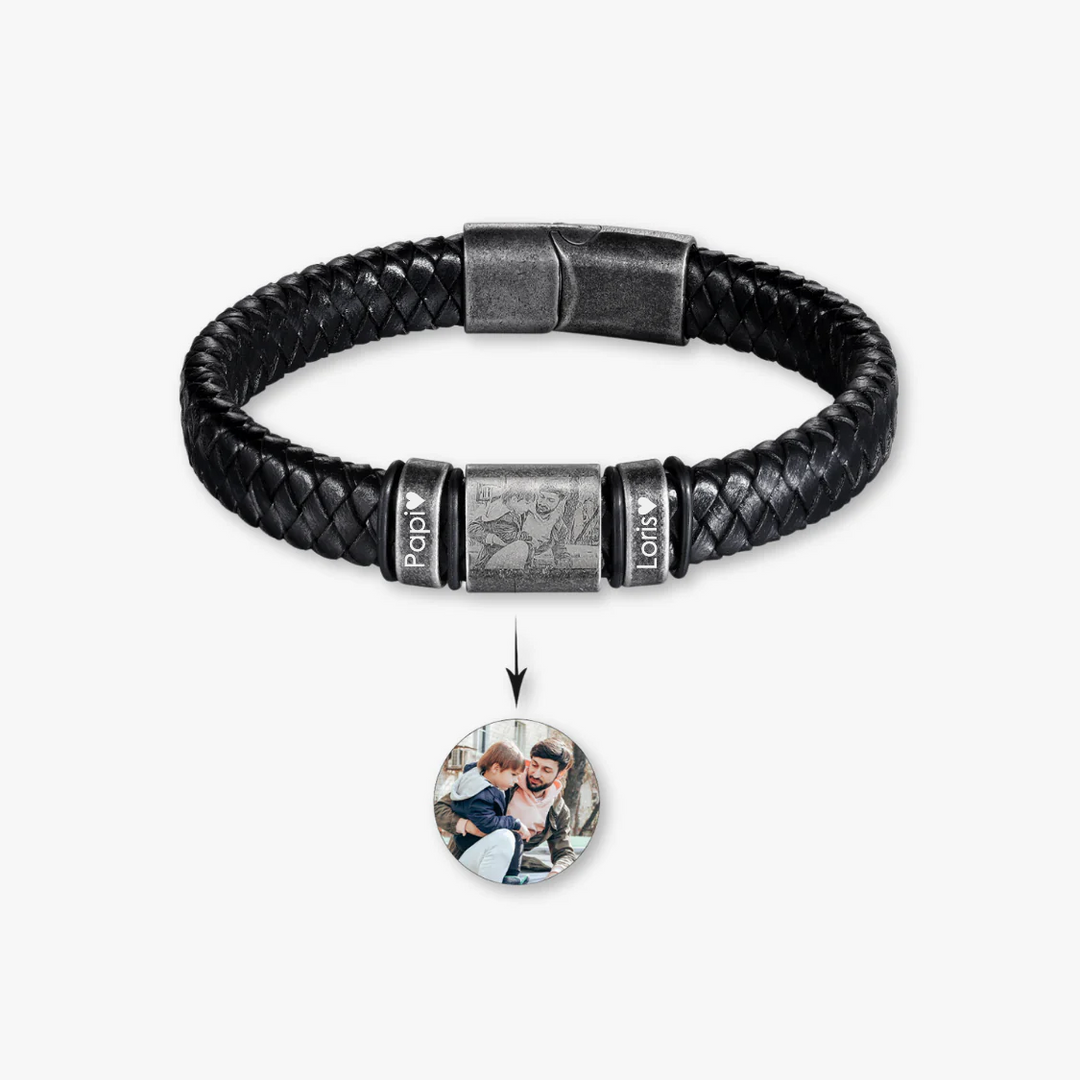 Black Personalized Leather Bracelet with Engravings and Photo Engraving - Herzschmuck