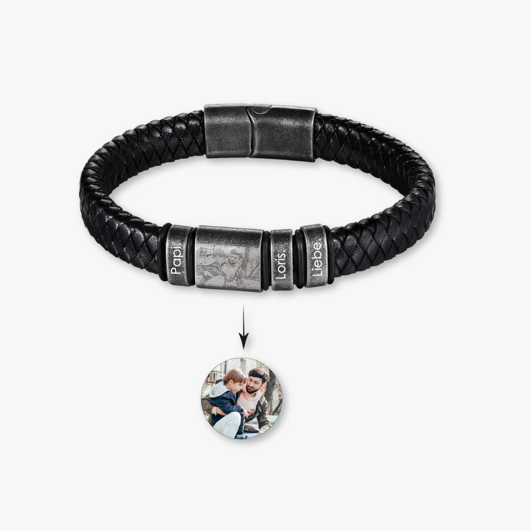 Custom Black Leather Bracelet with Three Engravings and Photo - Herzschmuck