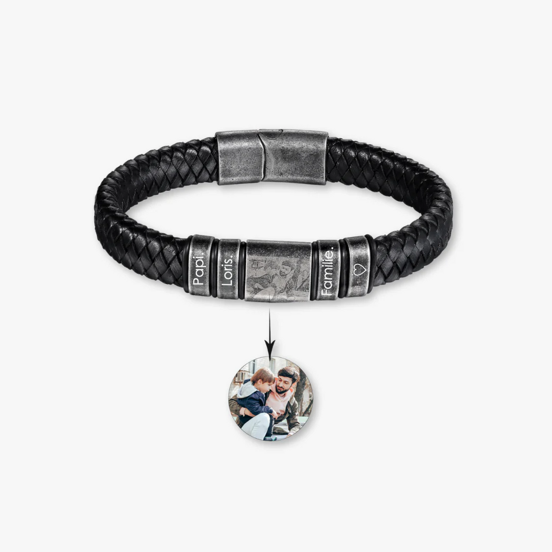 Black Leather Bracelet with Four Engravings and Photo Personalization - Herzschmuck