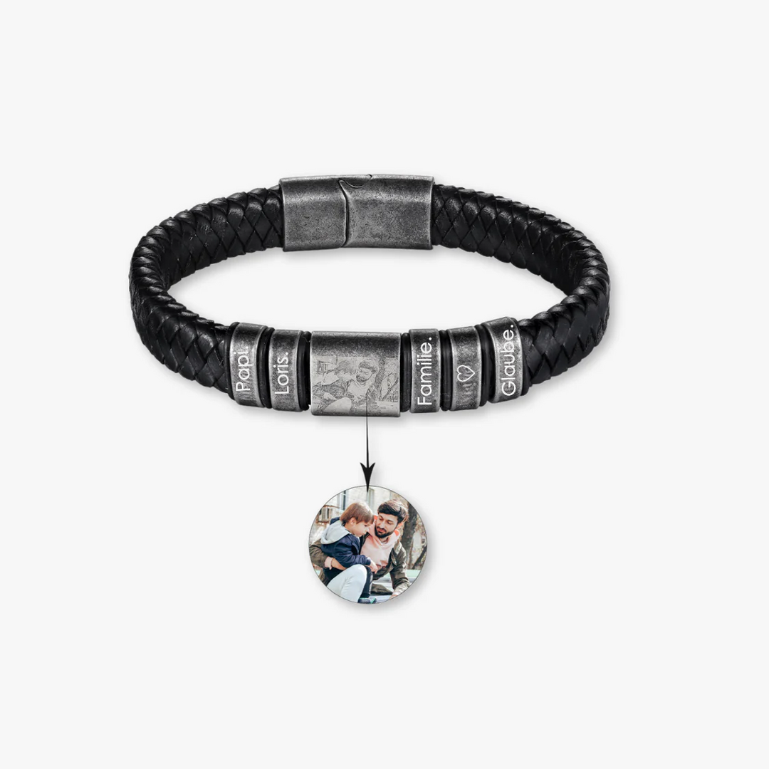 Black Leather Bracelet with Five Engravings and Photo Personalization - Herzschmuck