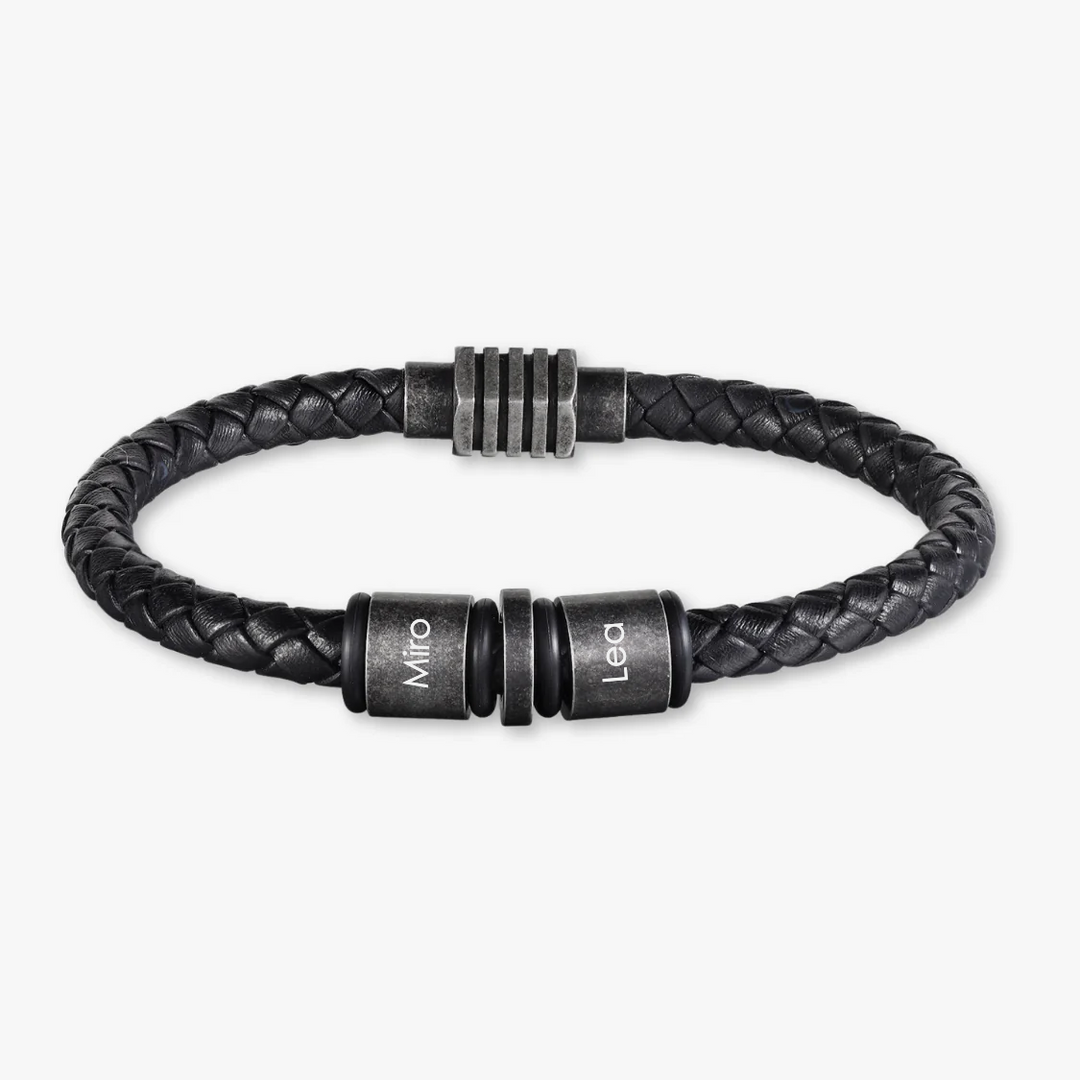 Simple Vintage Black Braided Leather Bracelet with 2 Engraving Rings - Herzschmuck