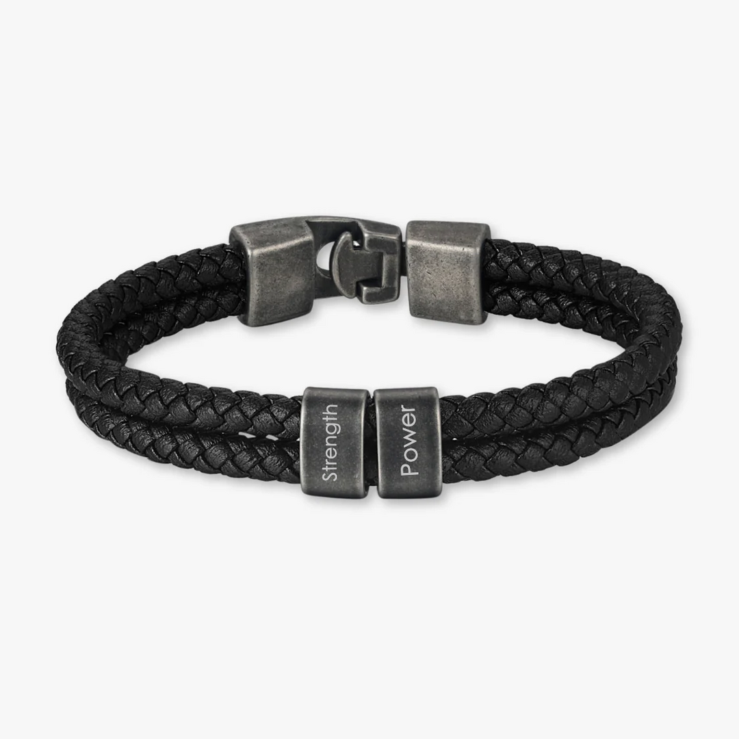 Unique Black Double-Braided Leather Bracelet with 2 Engravings - Herzschmuck
