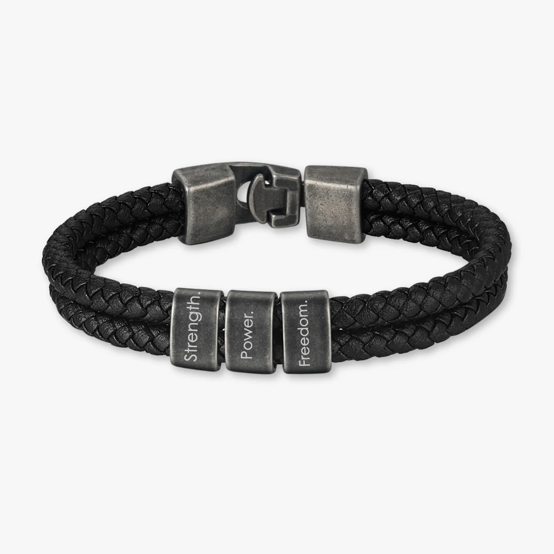 Unique Black Double-Braided Leather Bracelet with 3 Engravings - Herzschmuck