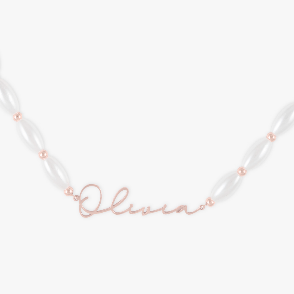 Signature Name Necklace with Oval Pearls - Herzschmuck