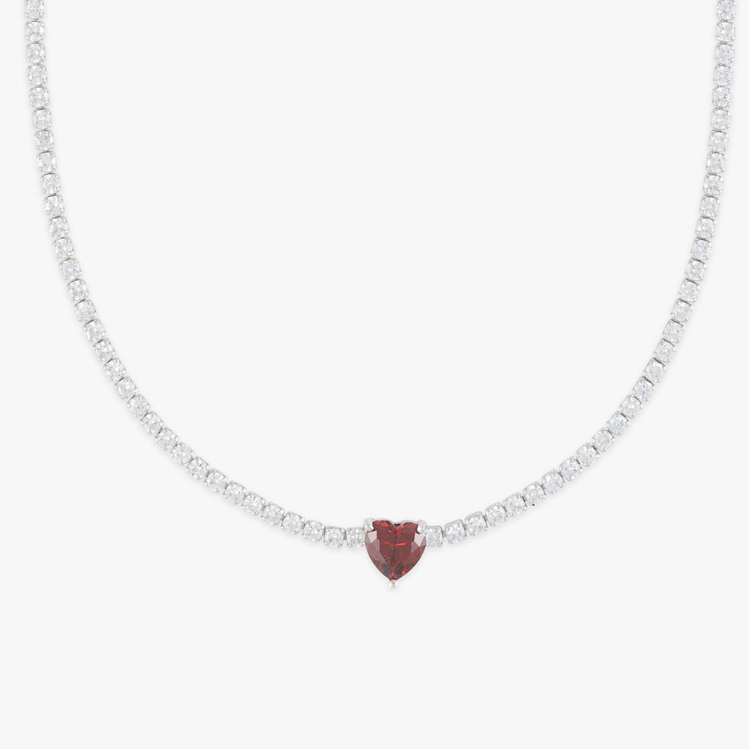 Silver Tennis Necklace with Square White Zirconia Stones and Red Heart - Symbol of Love and Elegance - Herzschmuck