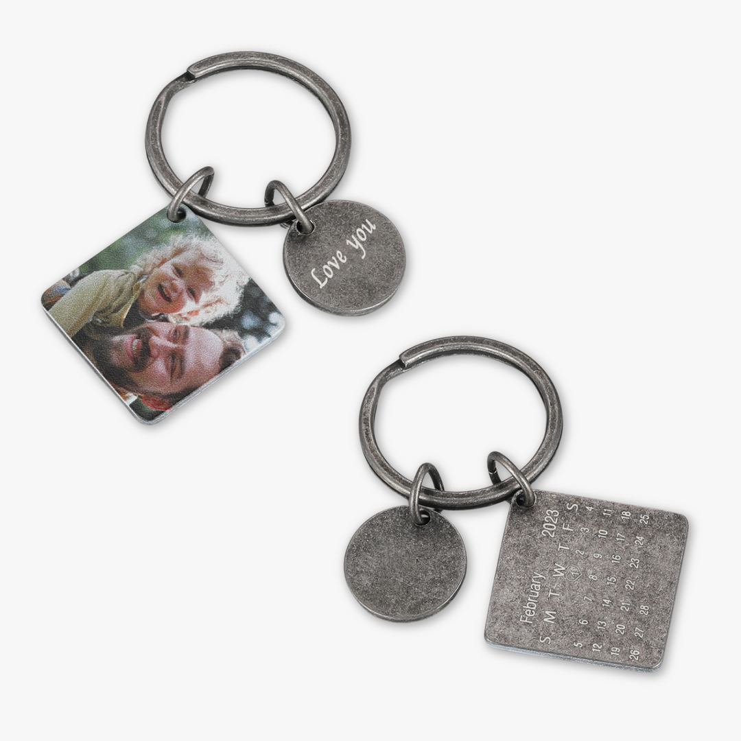 Dark Grey Personalized Keychain with Engraved Round & Square Photo Pendants - Custom Date Calendar Design - Herzschmuck