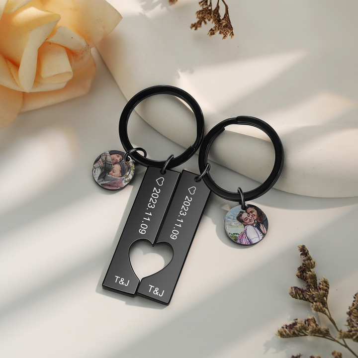 Custom Photo Keychain Set with Engraved Stainless Steel Heart Bars - Personalized Couple's Gift - Herzschmuck
