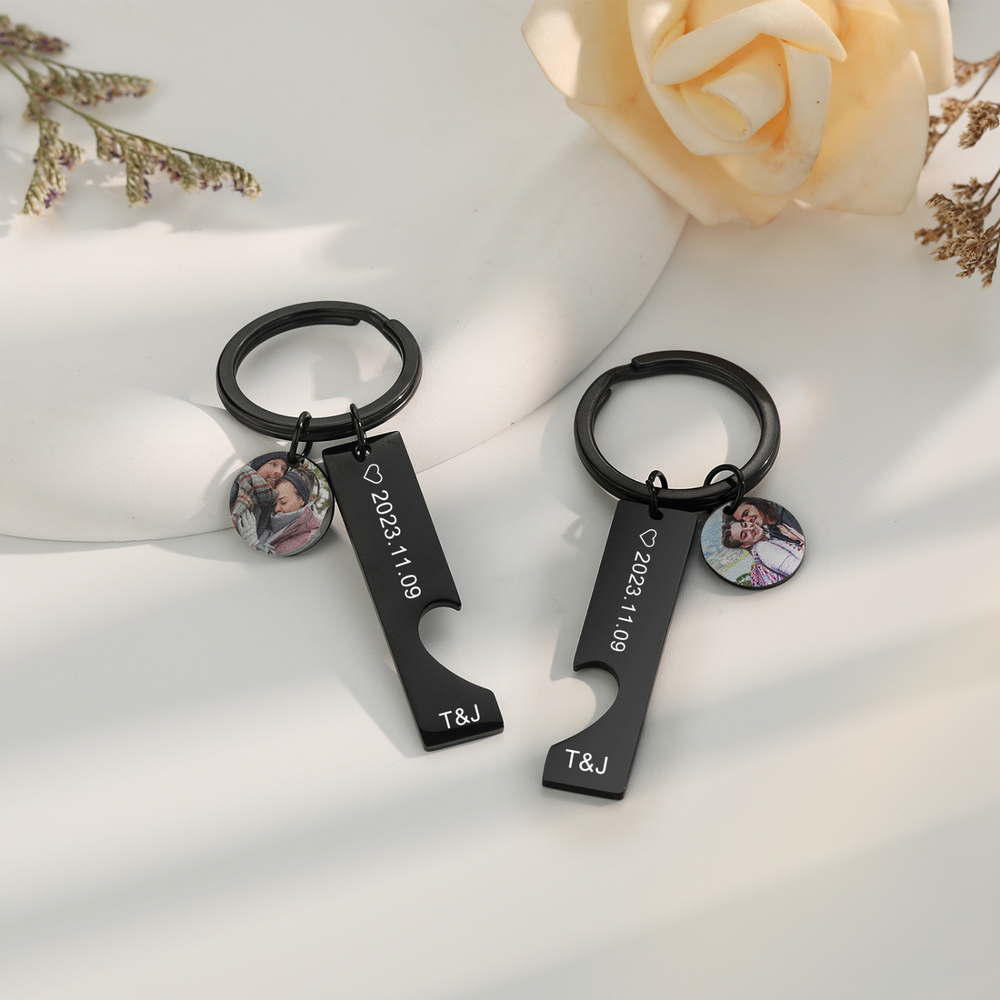 Custom Photo Keychain Set with Engraved Stainless Steel Heart Bars - Personalized Couple's Gift - Herzschmuck