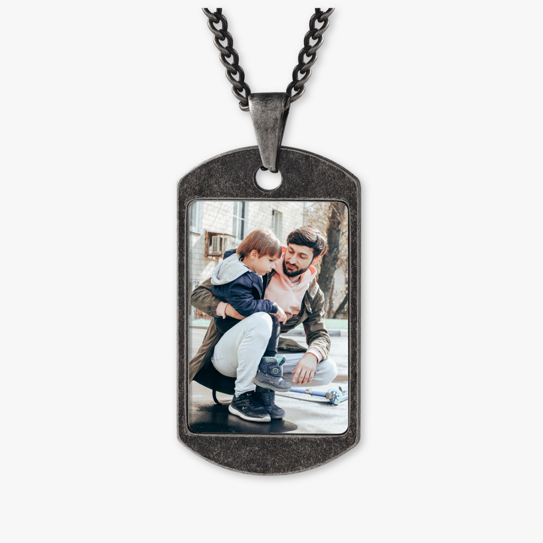 Custom Photo Engraved Dark Grey Stainless Steel Men's Necklace - Personalized Acrylic Color Pendant - Herzschmuck