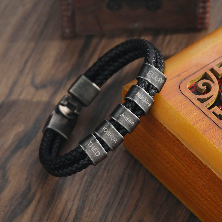 Unique Black Double-Braided Leather Bracelet with 4 Engravings - Herzschmuck