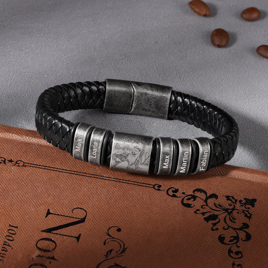 Black Leather Bracelet with Five Engravings and Photo Personalization - Herzschmuck