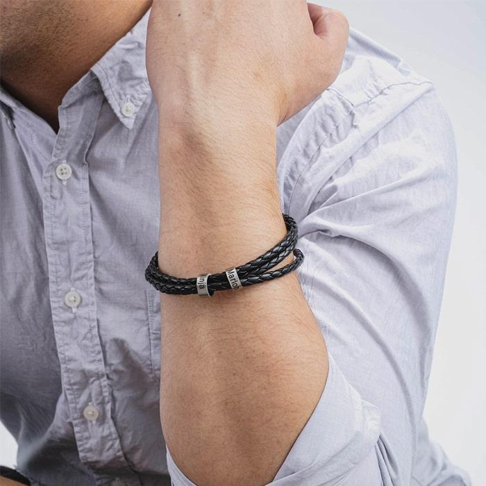 Men's Dual Engraved Rings Leather Bracelet - Herzschmuck