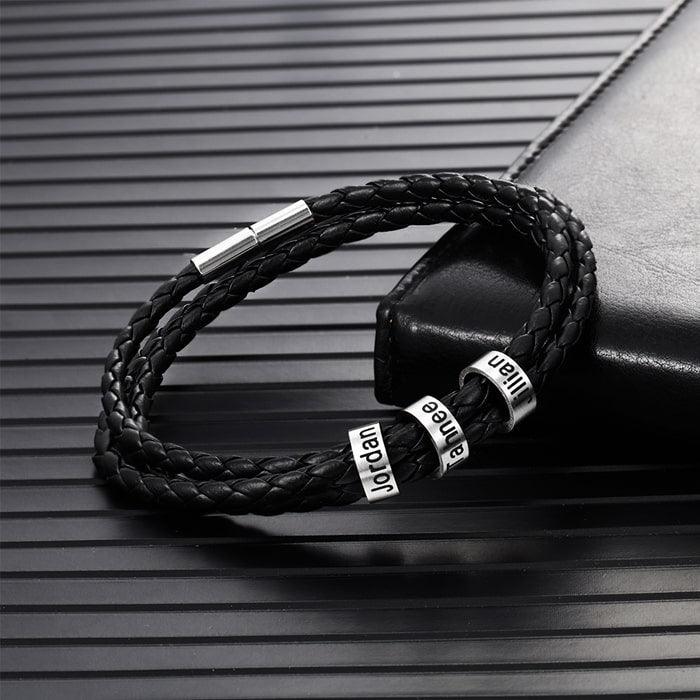 herzschmuck Bracelets Men's Personalized Leather Bracelet with 3 Engraved Rings