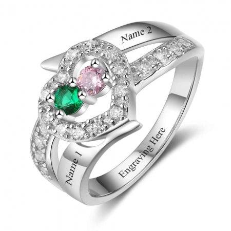 Personalized Sterling Silver Heart Ring with Dual Birthstones - Herzschmuck