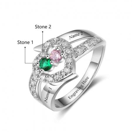 Personalized Sterling Silver Heart Ring with Dual Birthstones - Herzschmuck
