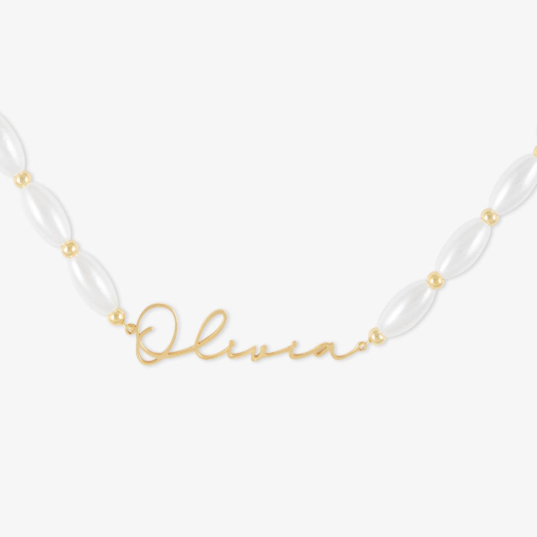 Signature Name Necklace with Oval Pearls - Herzschmuck