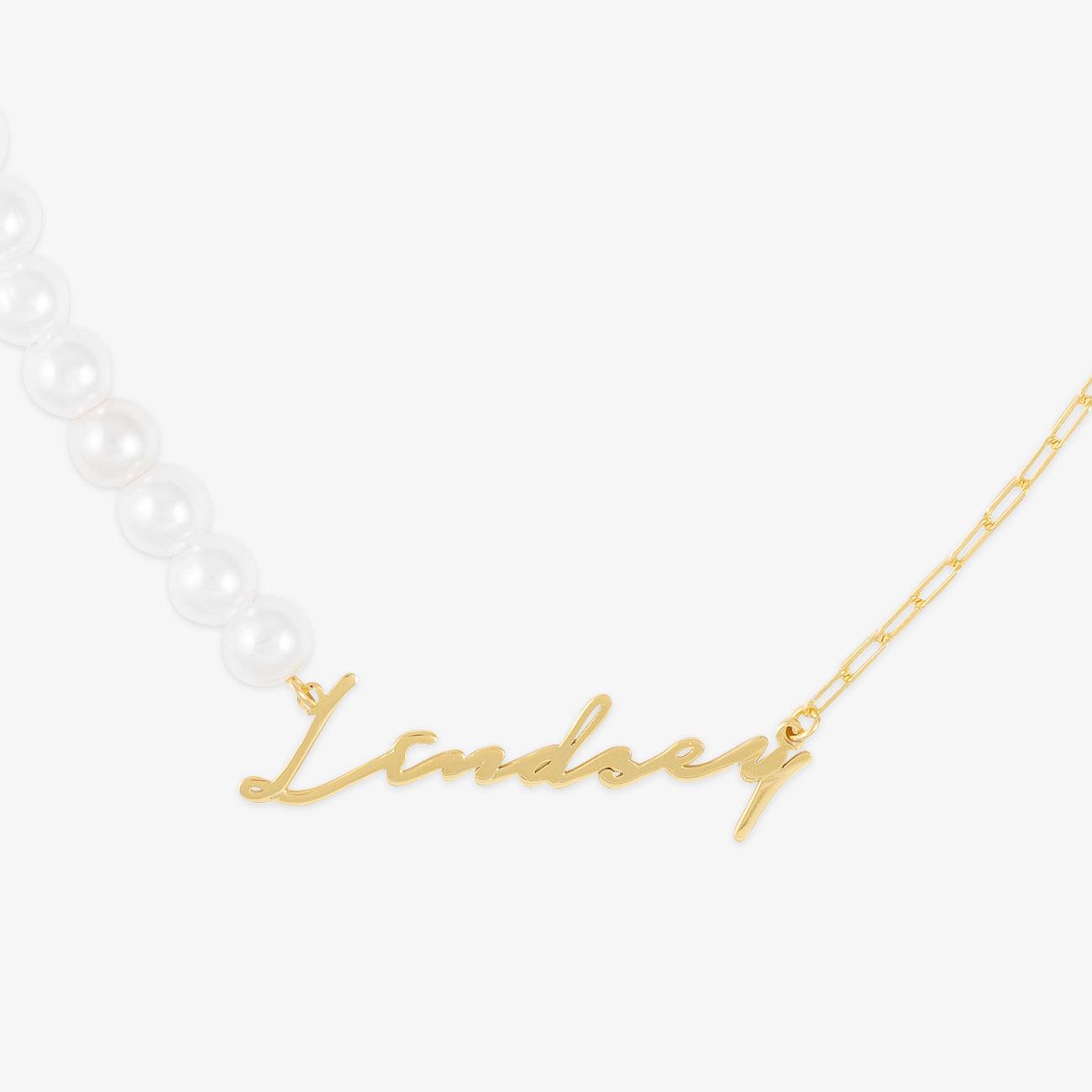 Signature Name Necklace with Pearl & Link Chain  Herzschmuck